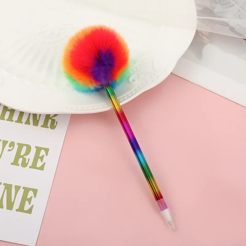 Pompom Ballpoint Pen Kawaii Writing Pen Fluffy Ball Pen Plush Pen Rainbow Color Ballpoint for Office School Accessory Stationery