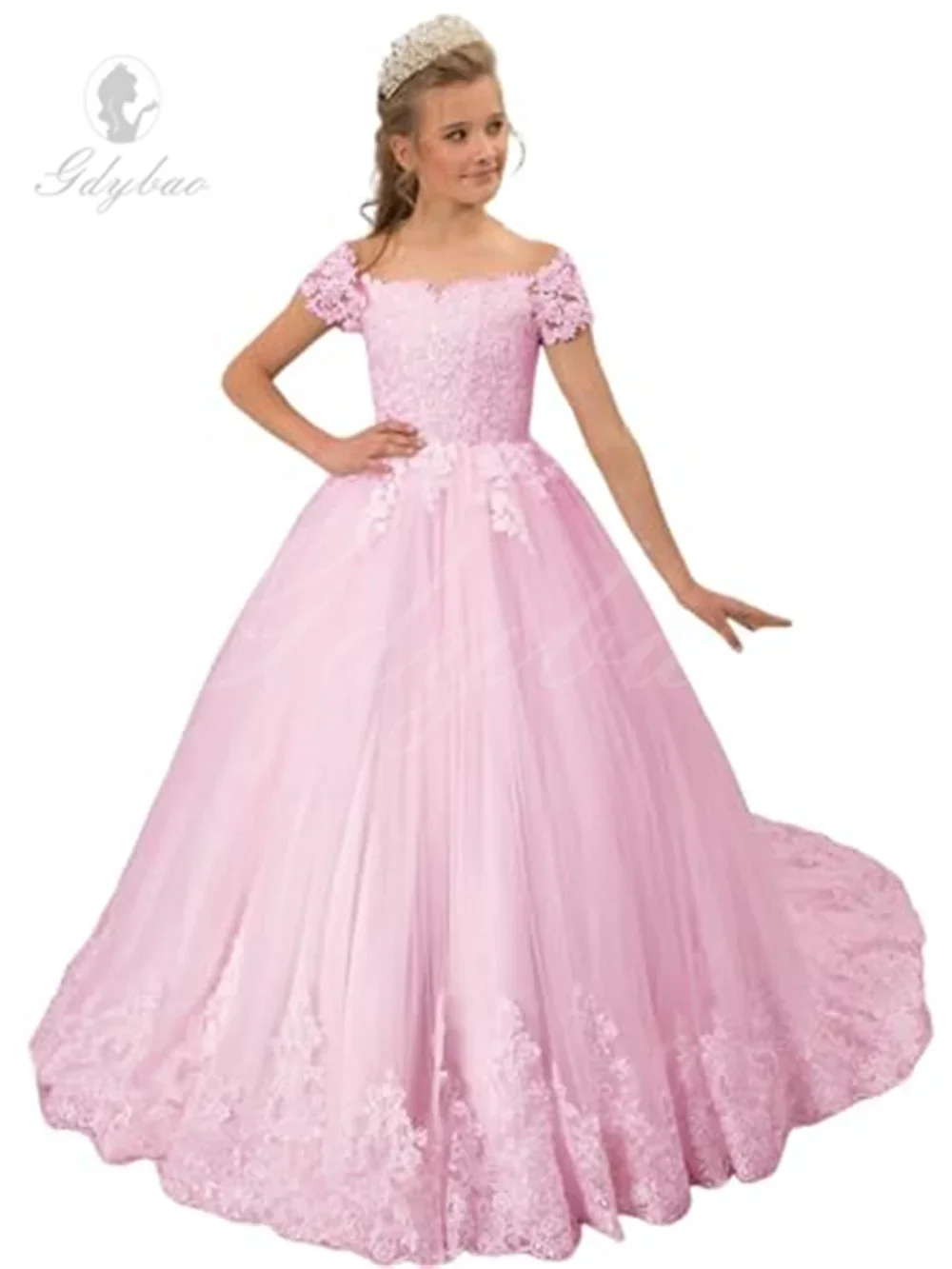 Fashionbride Meisje Off Shoulder Bloem Meisje Jurk Kant Applique Tule Verkiezing Jurk Prinses Kids Trouwfeest Baljurken