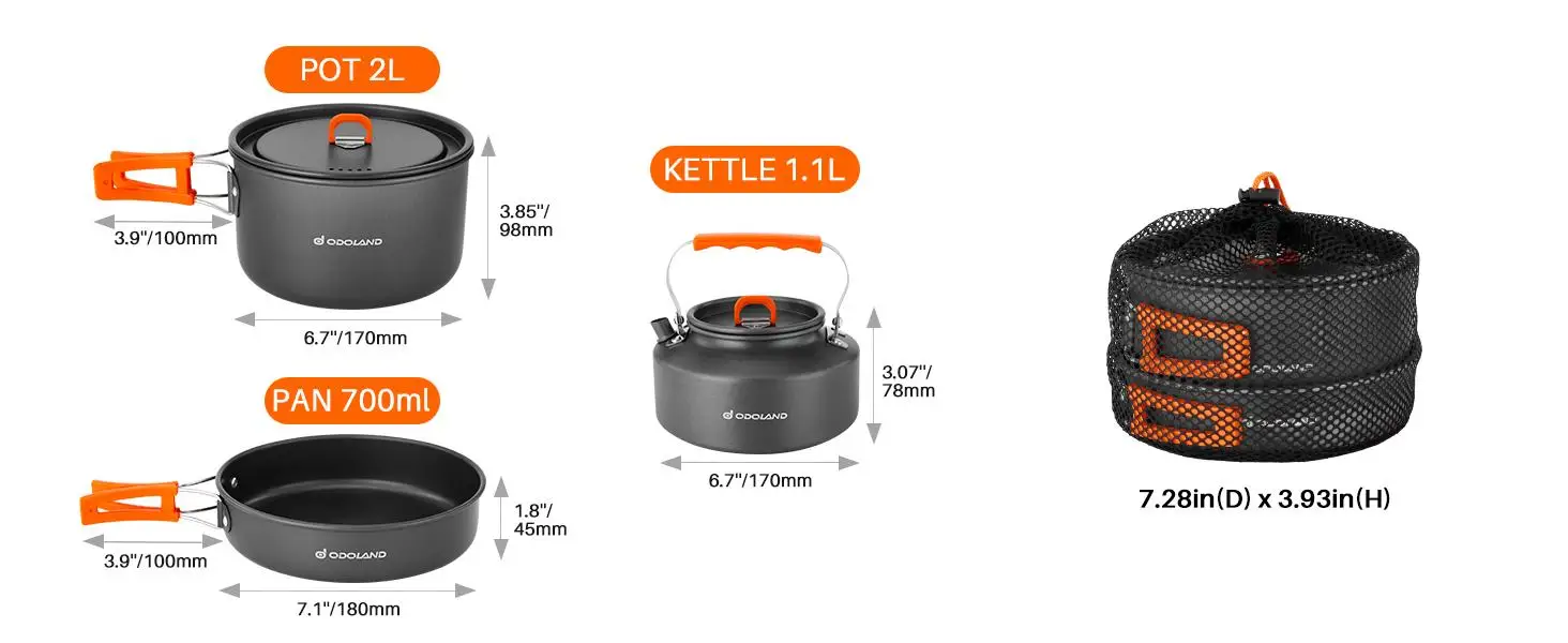 Odoland 10pcs Camping Cookware Camping Pots and Pans Set with Kettle Plastic Bowls and Soup Spoon for Camping, Backpacking, Outdoor Cooking and Picnic