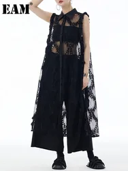 [EAM] Women Black Lace Perspective Big Size Long Shirt Dress New Lapel Sleeveless Fashion Tide Spring Summer 2024 1DH6292