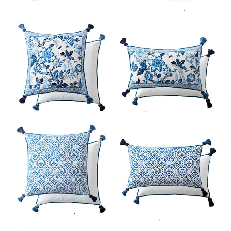 Blue and White Porcelain Chair Back Cushion Cover, Linen Throw Pillow Case, Cotton Square Decorative Pillowcase, 18x18 Inch