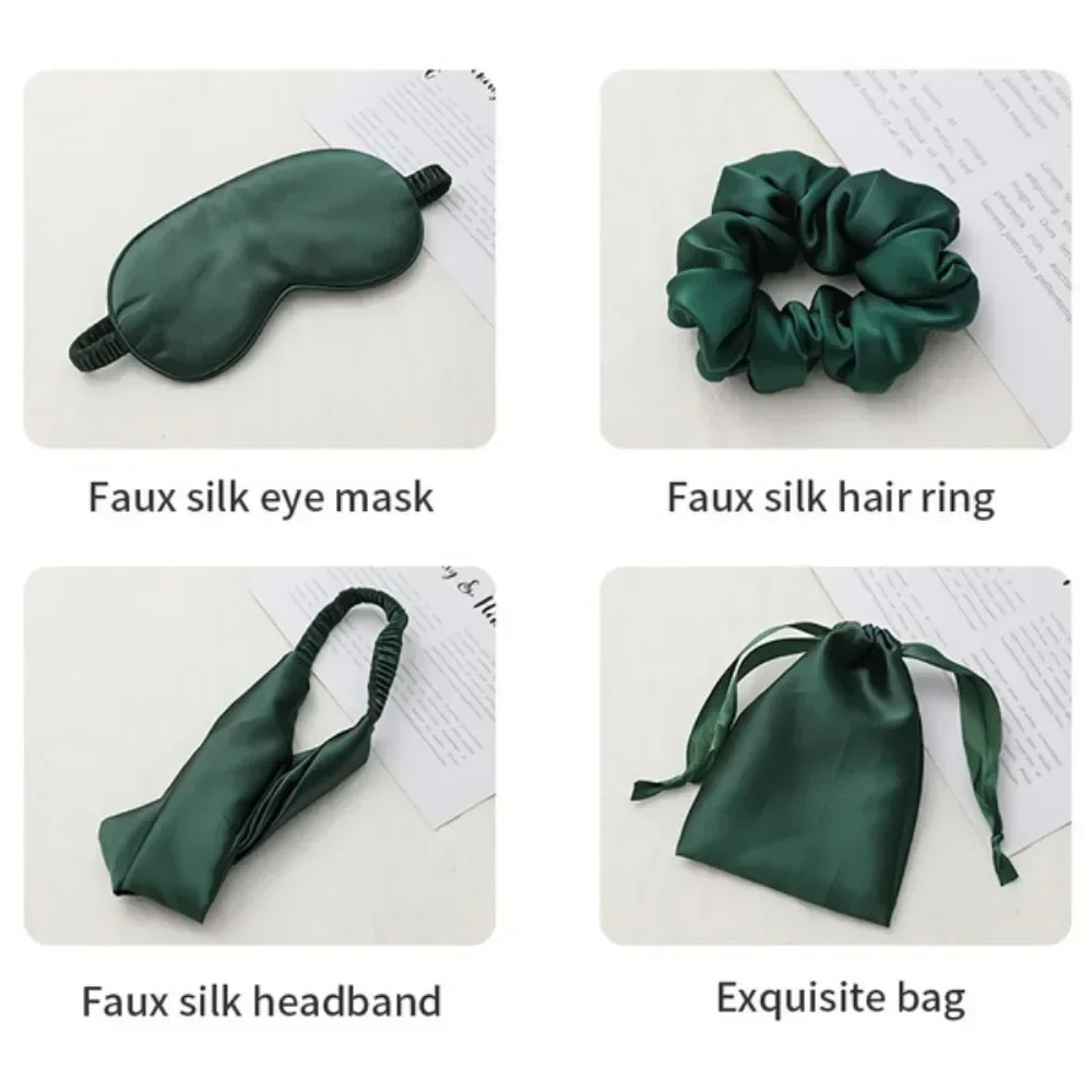 4PCS Silk Eye Mask Sleep Mask Set Large Intestine Hair Band Headband Storage Bag for Sleeping Travel Eye Protection Gear