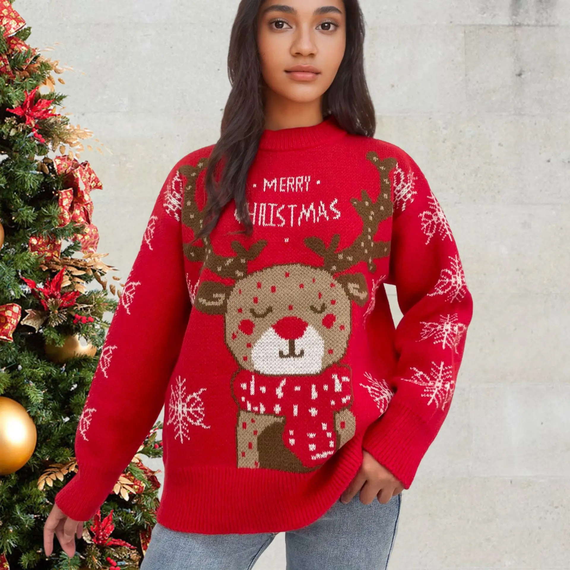 

2025 Round Neck Elk Jacquard Knit Sweater Christmas Loose Plus Size Sweater Coat for Women