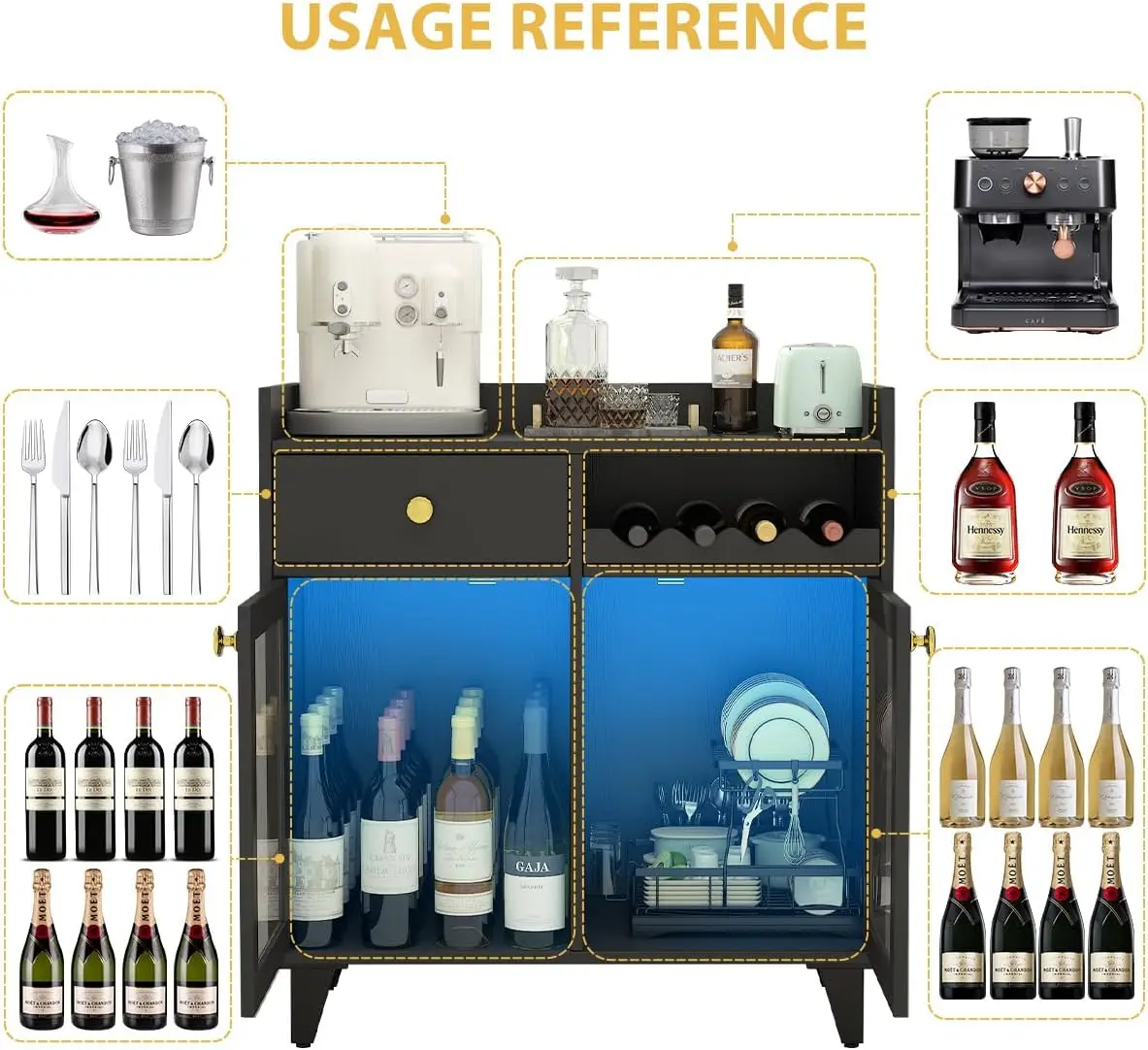 유리문이 달린 소형 와인 캐비닛, LED 조명이 있는 모던한 주류 바 캐비닛, 농가 스타일 뷔페 커피 사이드보드