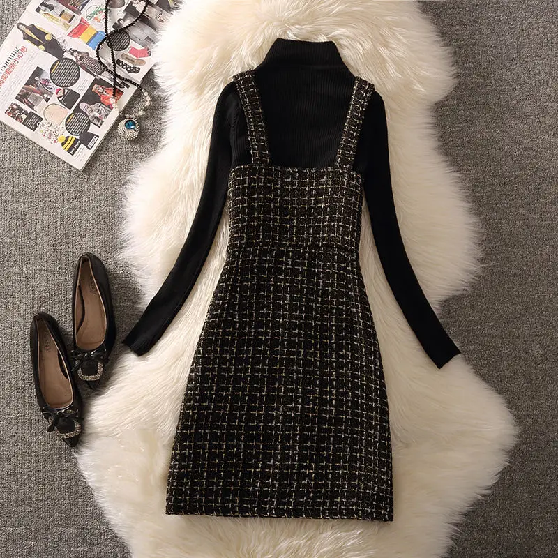 女性秋冬ドレス新しい小さな香りのよいツイードベストサスペンダーウールドレスボトムニットセーター女性ツーピースセットスーツ