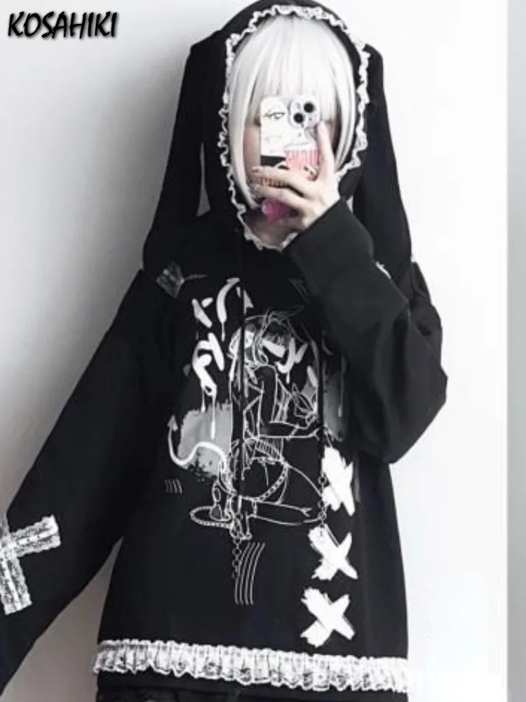 Y2k Aesthetic Hoodies Women Harajuku Print Lace Patchwork Vintage Loose Hoodie Casual Drawstring Sweatshirt Female Grunge Coats