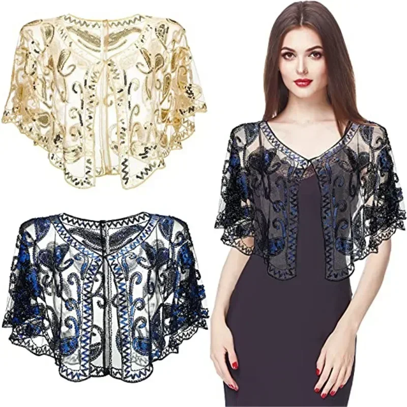 Sequin Embroidery Lace Shawl Elegant Sparkly Cape Breathable Mesh Short Cardigan Women Trend Dress Accessories For Party Prom