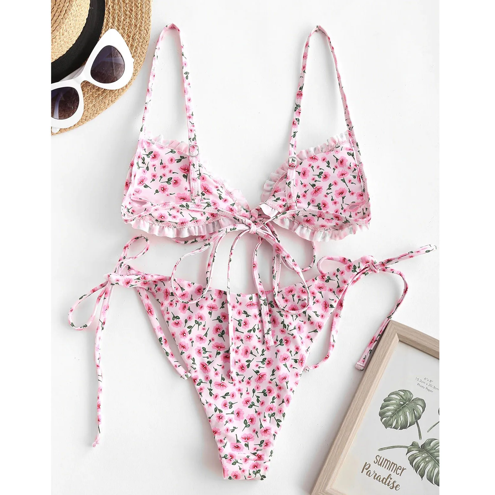 Women Pink Thong Bikini Swimsuit 2024 Flower Low Waist Triangle Push-Up Bikinis Swimwear Bathing Suit