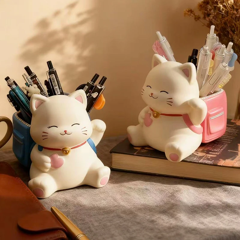 Creative Cute Cat Pen Holder Resin Smiling Kitty Ornament Home Storage Ornament Office Desktop Decoration Commemorative Gifts