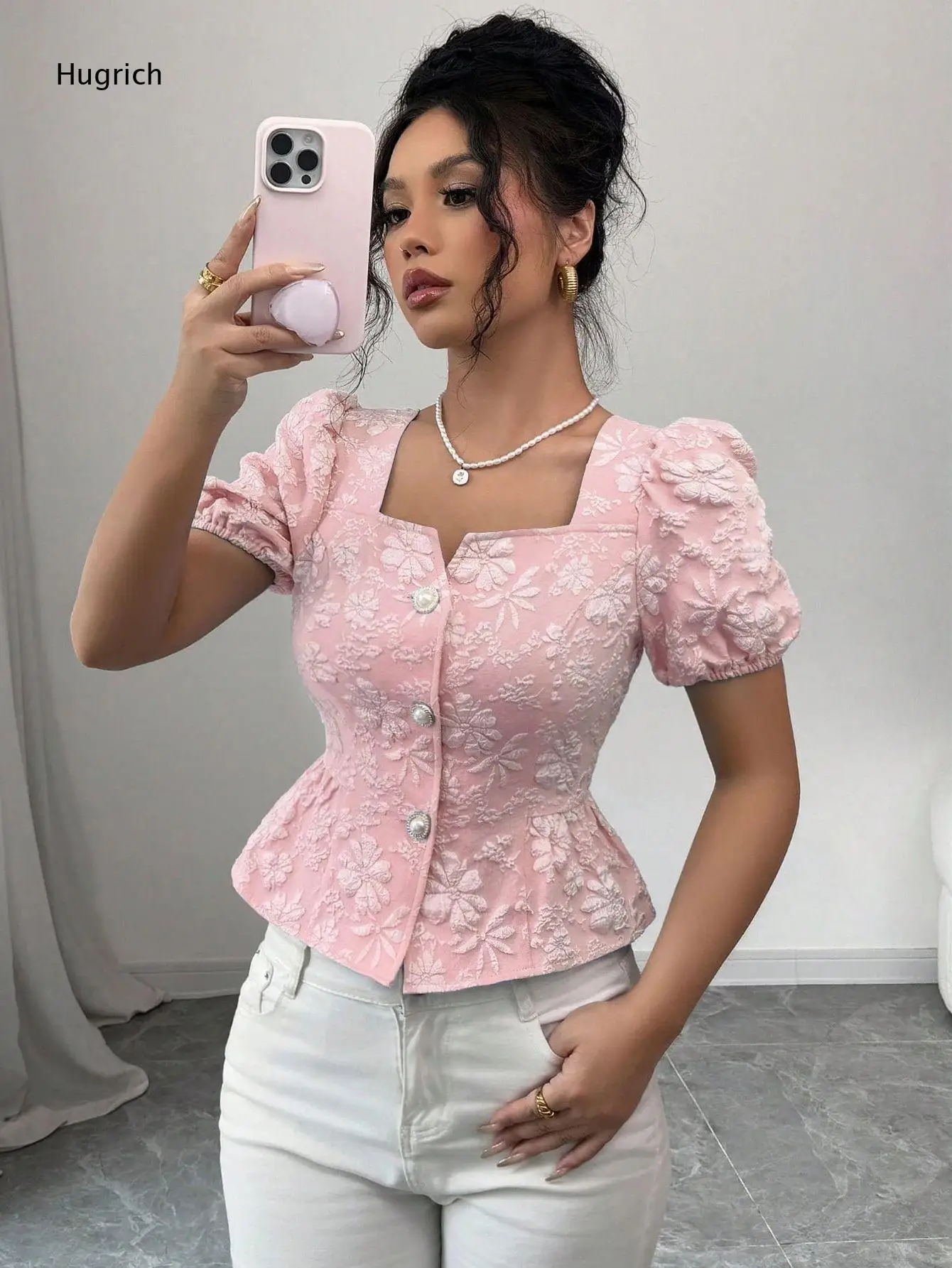 Women's Pink Floral Jacquard Puff Sleeve Peplum Top with Square Neckline and Front Button Closure, Elegant Summer Blouse