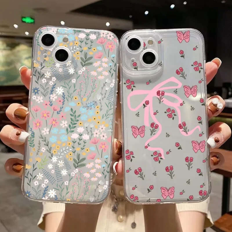 Pink Bow Small Flower Phone Case For Samsung Galaxy S26 S25 S24 S23 S22 Ultra FE Edge Plus A56 A36 A26 A57 Silicone Casing