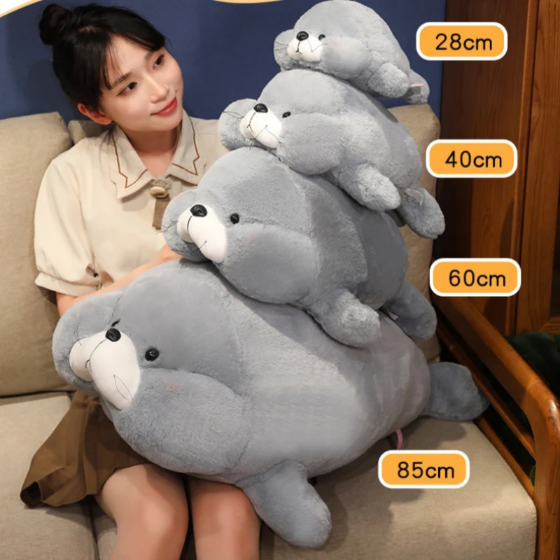 85cm Cute Cartoon Round Seal Plush Doll Pillow Soft White Gray Fat Sea Animal Long Beard Seal Plush Toy Home Decor Gift For Boys