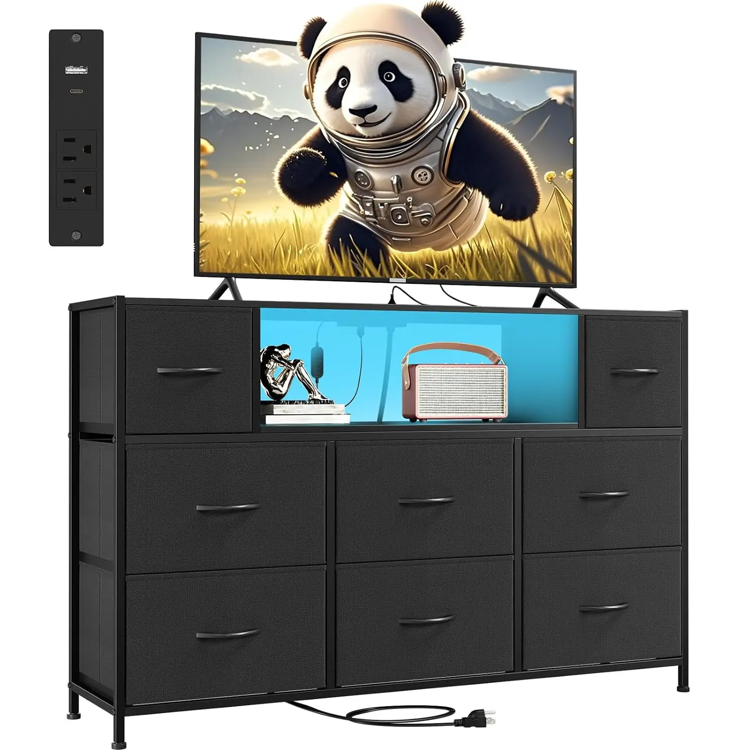 Somdot Dresser TV Stand RGB LED Charging Station 8 Fabric Drawers Open Shelf Wood Top 2 AC Outlets USB Ports Bedroom Living Room