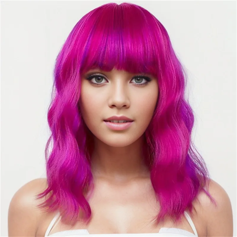 

Lady Daily Bob Haircut Wig Cover Woman Medium To Long Curly Hair Bar Dress Up Headwear Fashion Colorful Air Bangs Ripple Wig