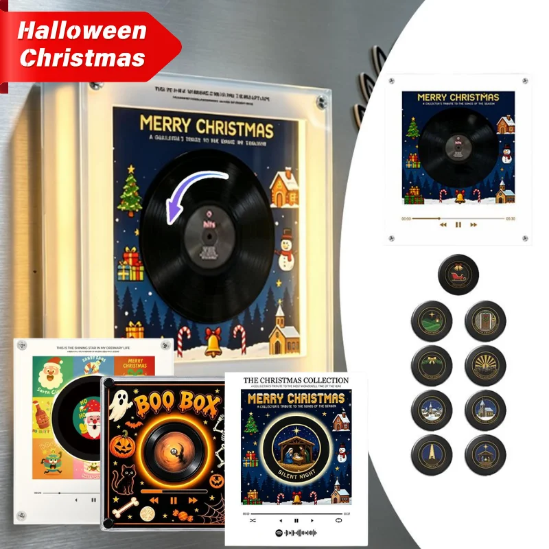 Retro Vinyl Record Fridge Magnets Halloween Christmas Changeable Design Refrigerator Magnetic Stickers Home Party Decor Gift