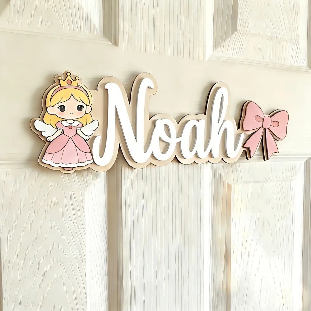 1Pc Personalized Customized Wooden Nameplate - Princess Pink Bow Theme Wall Hanging Decor, Easy to Install, Perfect Gifts