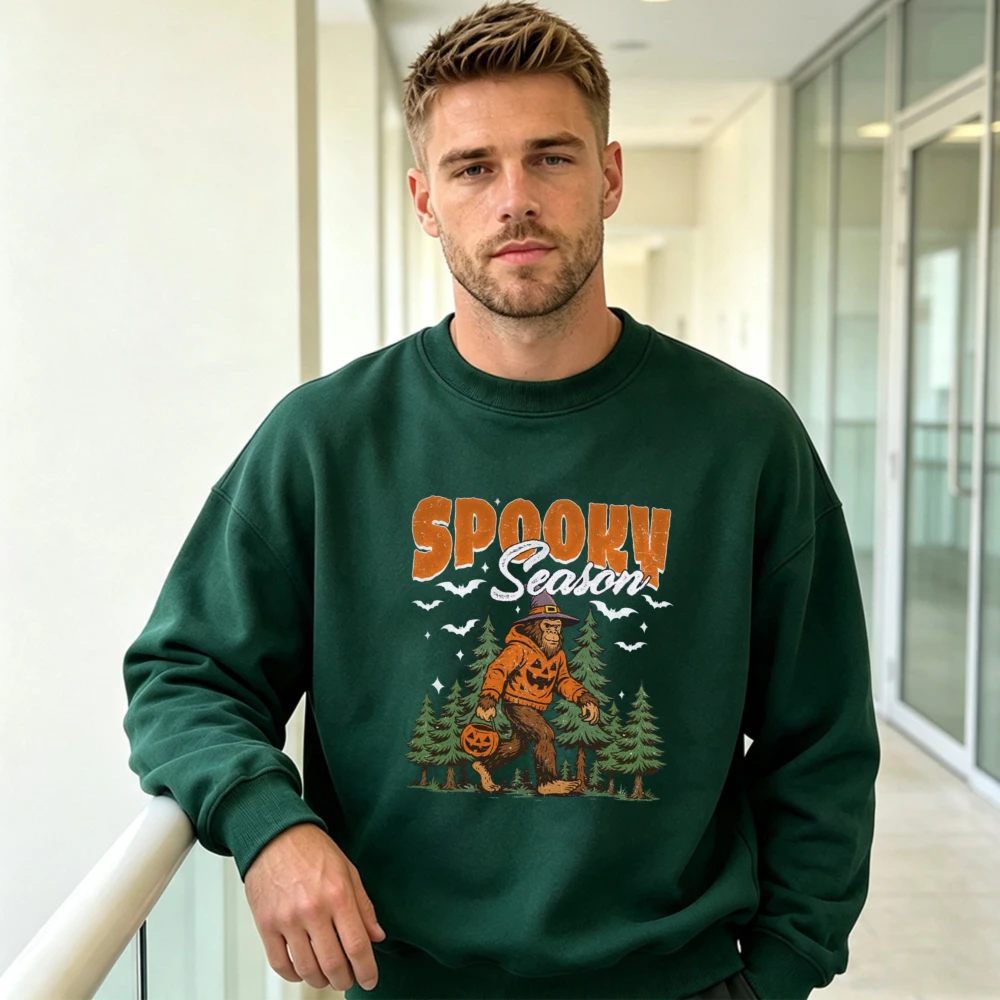 Mens Retro Spooky Season Crewneck Sweatshirt Bigfoot Witch Pumpkin Bat Forest Halloween Vintage Outdoor Pullover