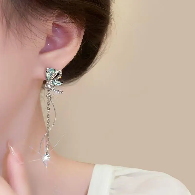 Korean Dragonfly Tassel Earrings Sweet Shiny Rhinestone Long Tassel Ear Clips Wedding Jewelry