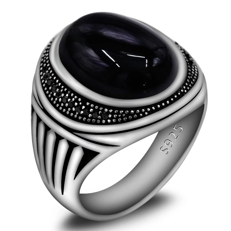 

Men's Black Natural Agate Stone Ring 925 Sterling Silver Handmade Turkish Vintage Signet Ring for Wedding And Special Occasions