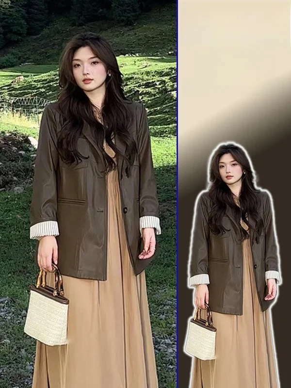 

Женский пиджак из искусственной кожи больших размеров, свободного кроя, в американском винтажном стиле, для подружек невесты, весенняя новинка, с эффектом похудения