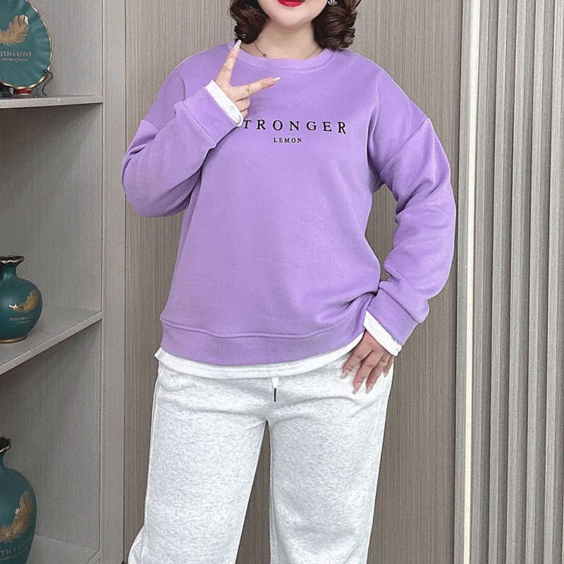 Plus Size Frauen Rundhals Pullover Hoodie Herbst neue lose lässige gefälschte zweiteilige Sweatshirts weibliche Langarm Tops