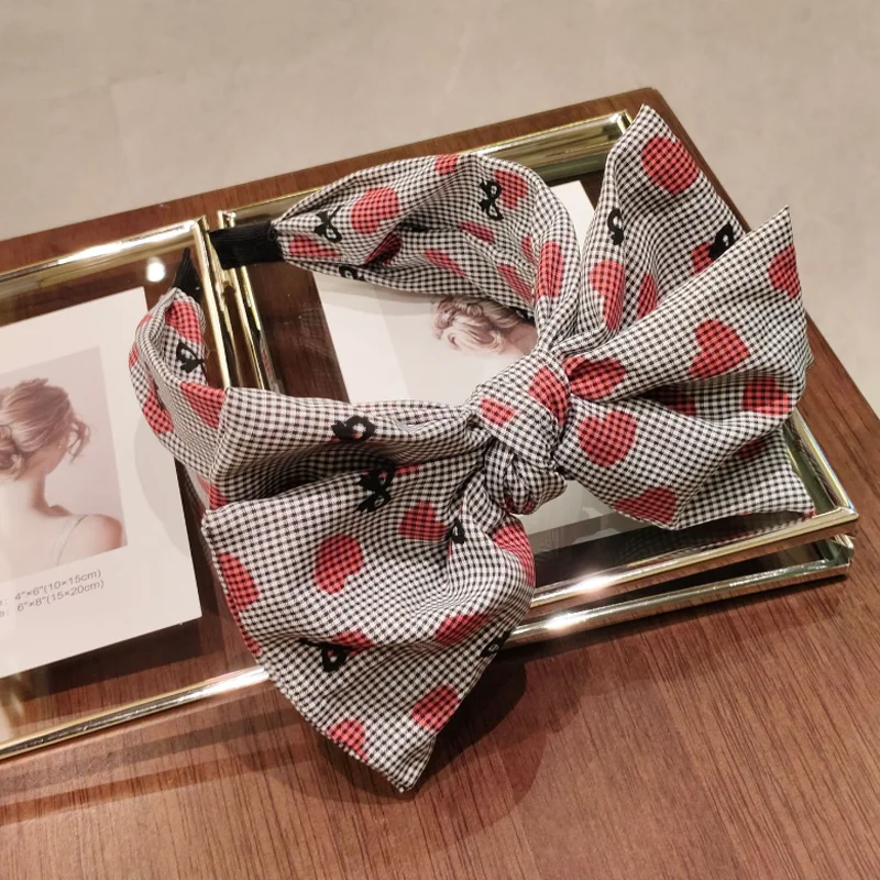 College Style Checkered Bow Headband Hair Bands Vintage Heart Print Fabric Hairband Hairpin view 3