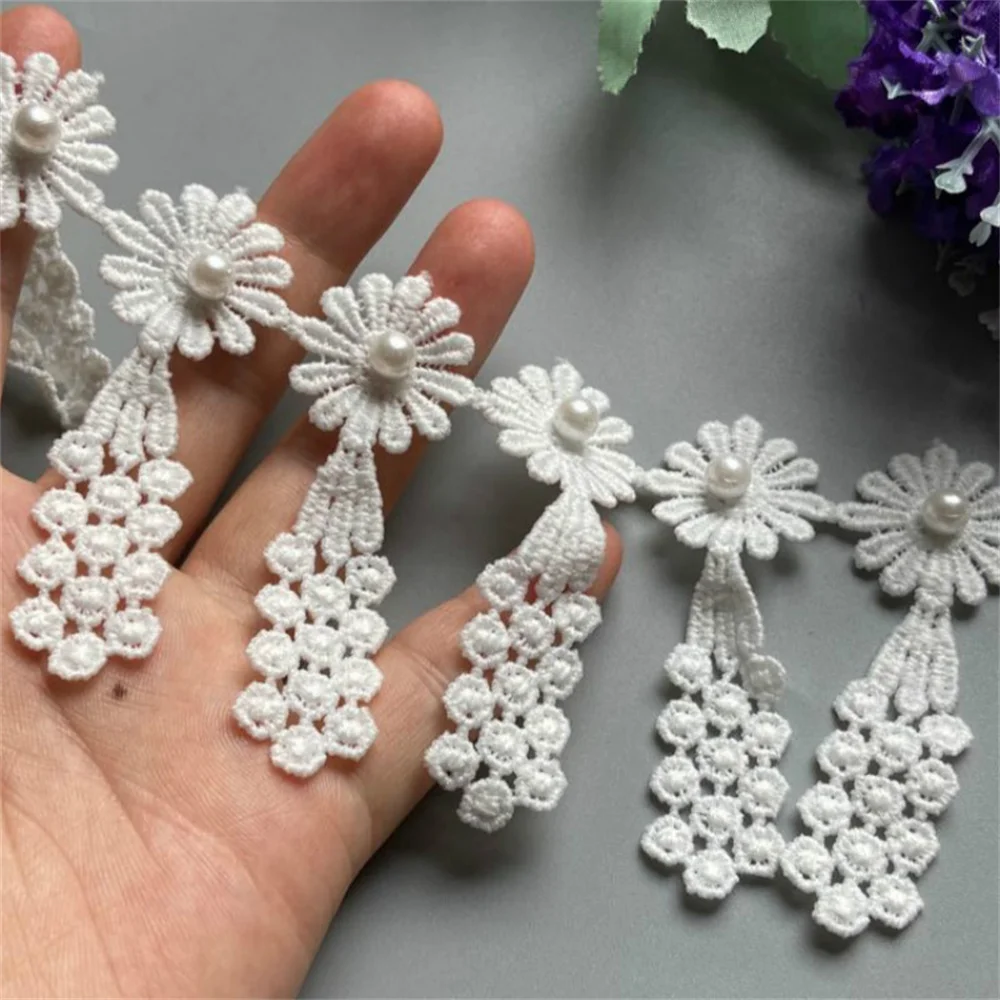 

20x White Daisy Pearl Flowers Lace Tassel Embroidered Lace Trim Ribbon Applique DIY Manual Sewing Supplies Craft Decoration New