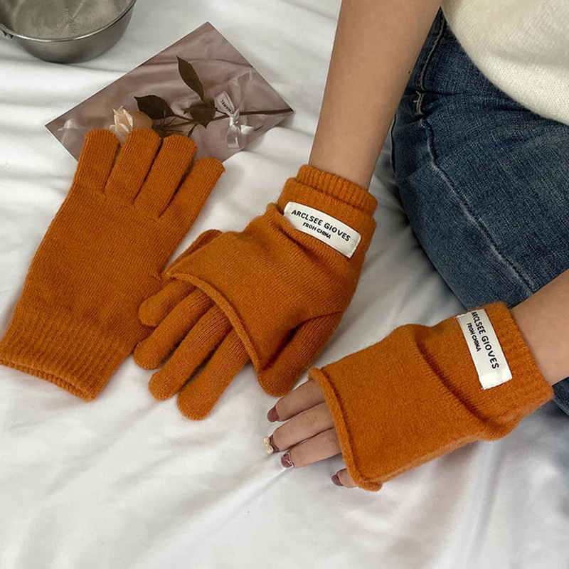 Korean Women Cashmere Gloves Solid Label Dual-purpose Detachable Knitted Vest Gloves Fingerless Gloves Girl Y2k Accessories