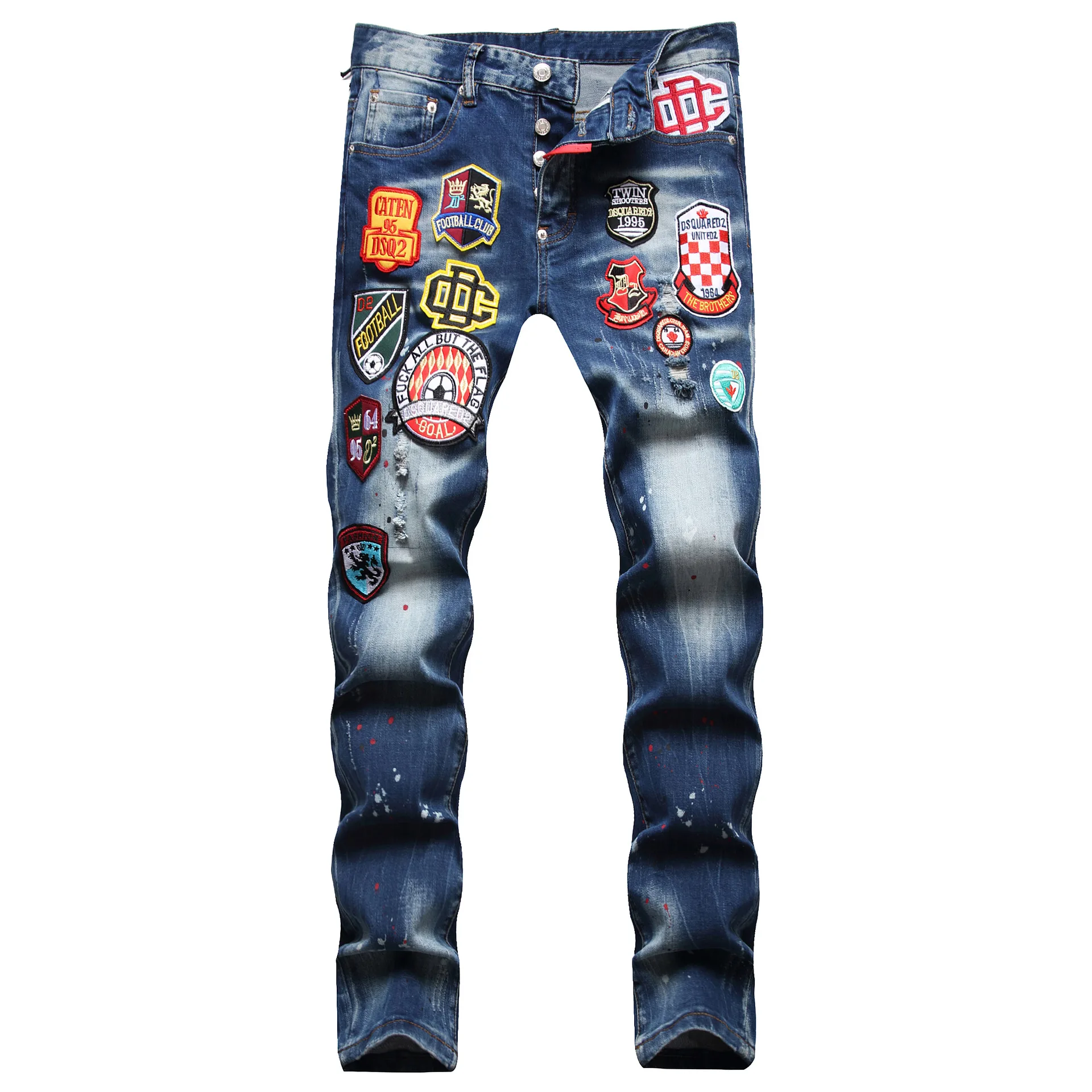 2023 new raggedy paint men slim fit holes small feet elastic jeans high-end men's four seasons tight beggar tide jeans pants men