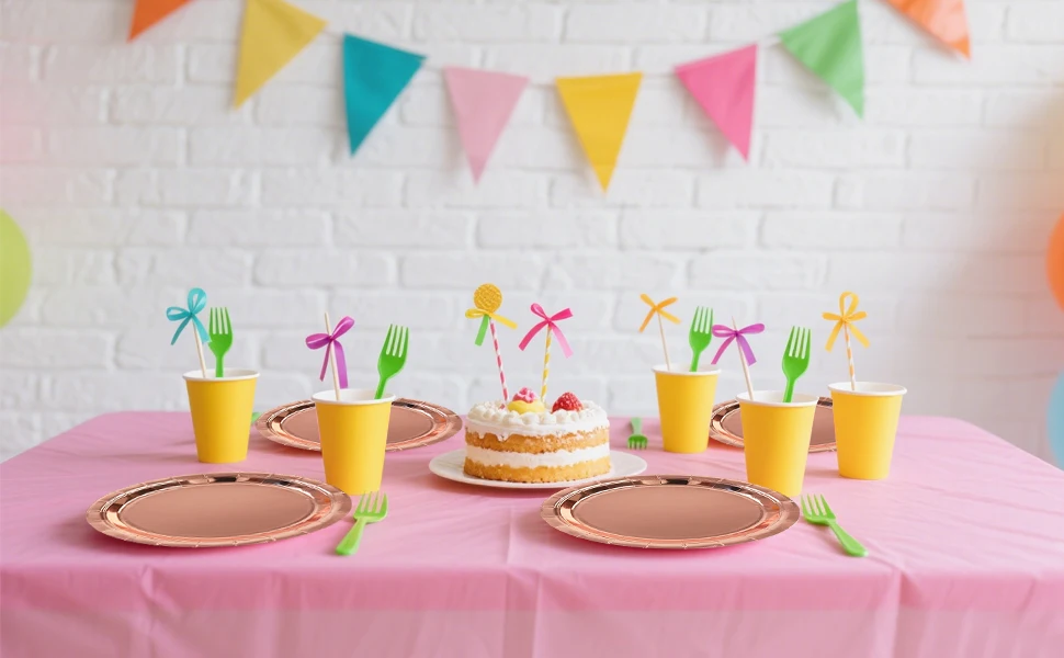 Roségold Einweg-Geschirrset, Pappbecher, Teller, Servietten, Tischdecken, Strohhalme, Verlobung, Hochzeit, Geburtstagsparty-Zubehör – Detail 8