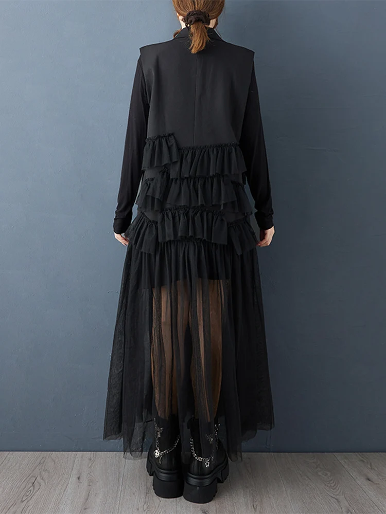 Mesh Patchwork Sleeveless Dresses For Women Black Vintage Loose Casual Long Dress Elegant Fashion Clothes New Spring Autumn 2026