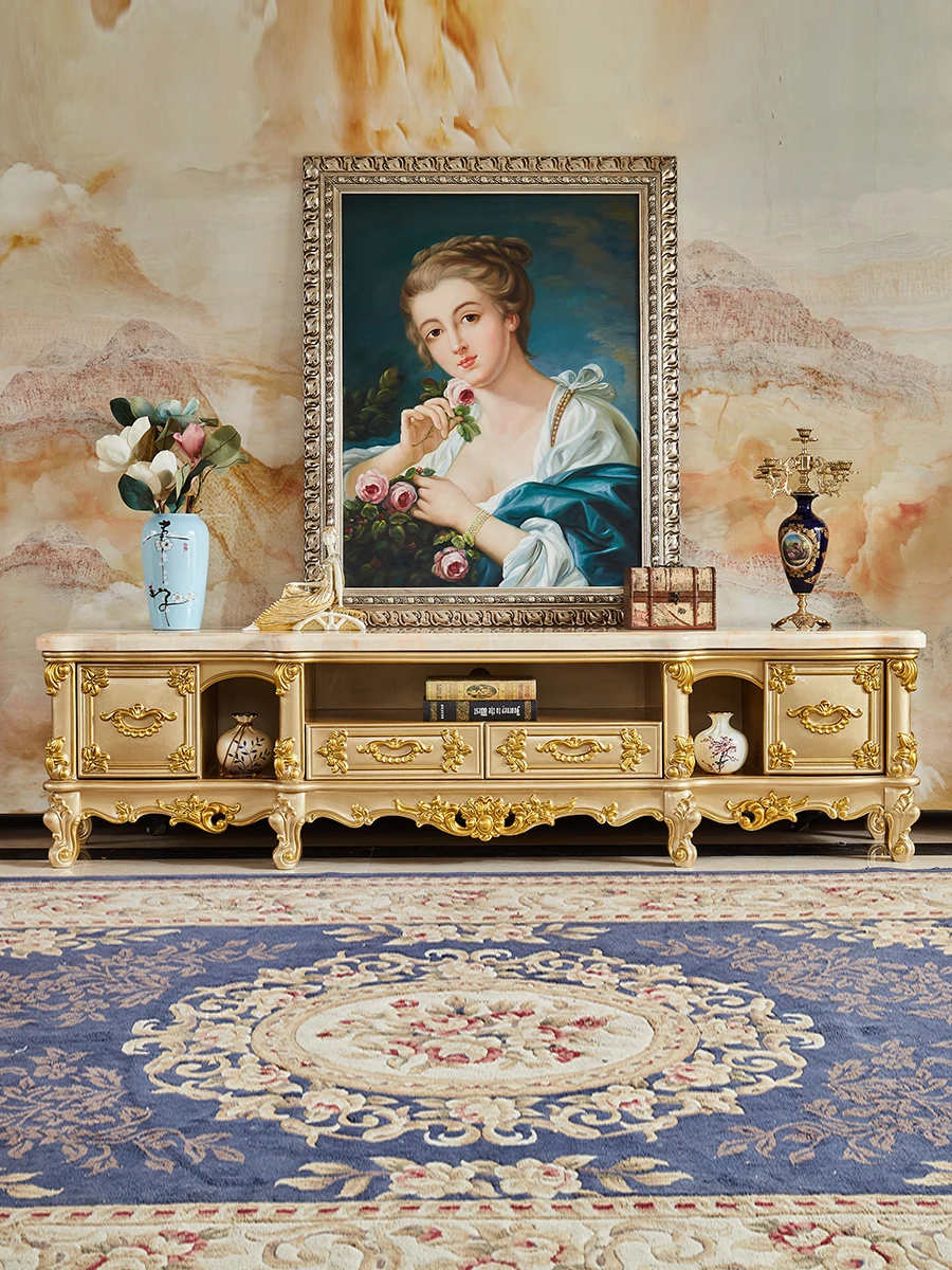 European style marble TV cabinet, tea table set, champagne colored tea table, all solid wood carved and painted tea table