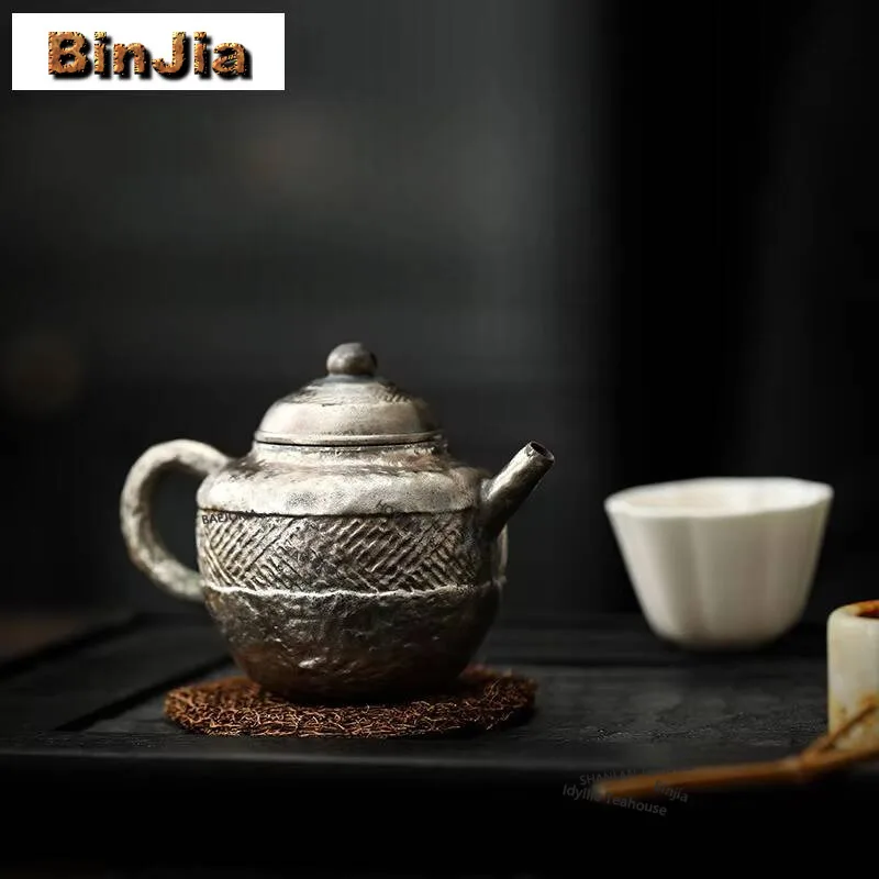 Handmade Gilt Silver Mottled Texture Teapot Handmade Tea Infuser Pot Tea Maker Kettle With Ball Hole Tea Ceremony Decoration