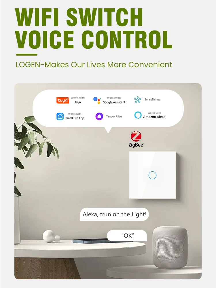 LOGEN Tuya Zigbee Smart Socket Smart Touch Switch Voice Control Timer Schedule Alexa Glass Panel 1Way 220V Need Neutral Wire