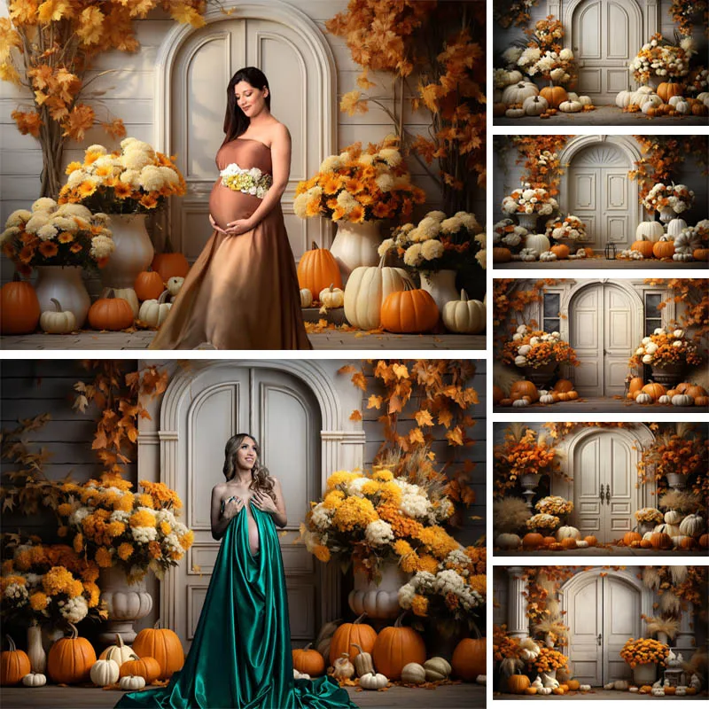 

Fall Thanksgiving Backgrounds For Maternity Portrait Baby Shower Photography Wooden Door Maple Leaf Pumpkin Floral Decor Prop