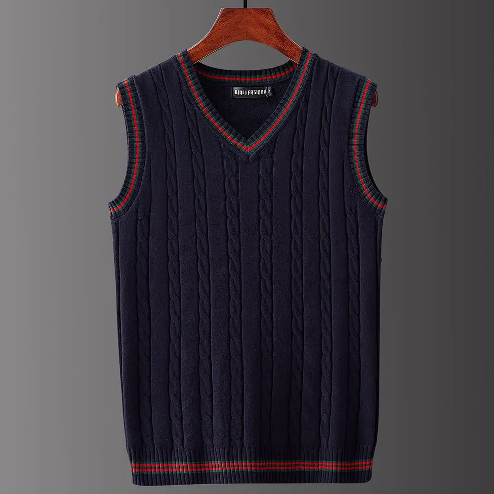 Men Sweater Vests Contrast Color V-neck Casual Loose All-match Daily Male Jumpers Sleeveless Knitting Fashion Retro Vest G02