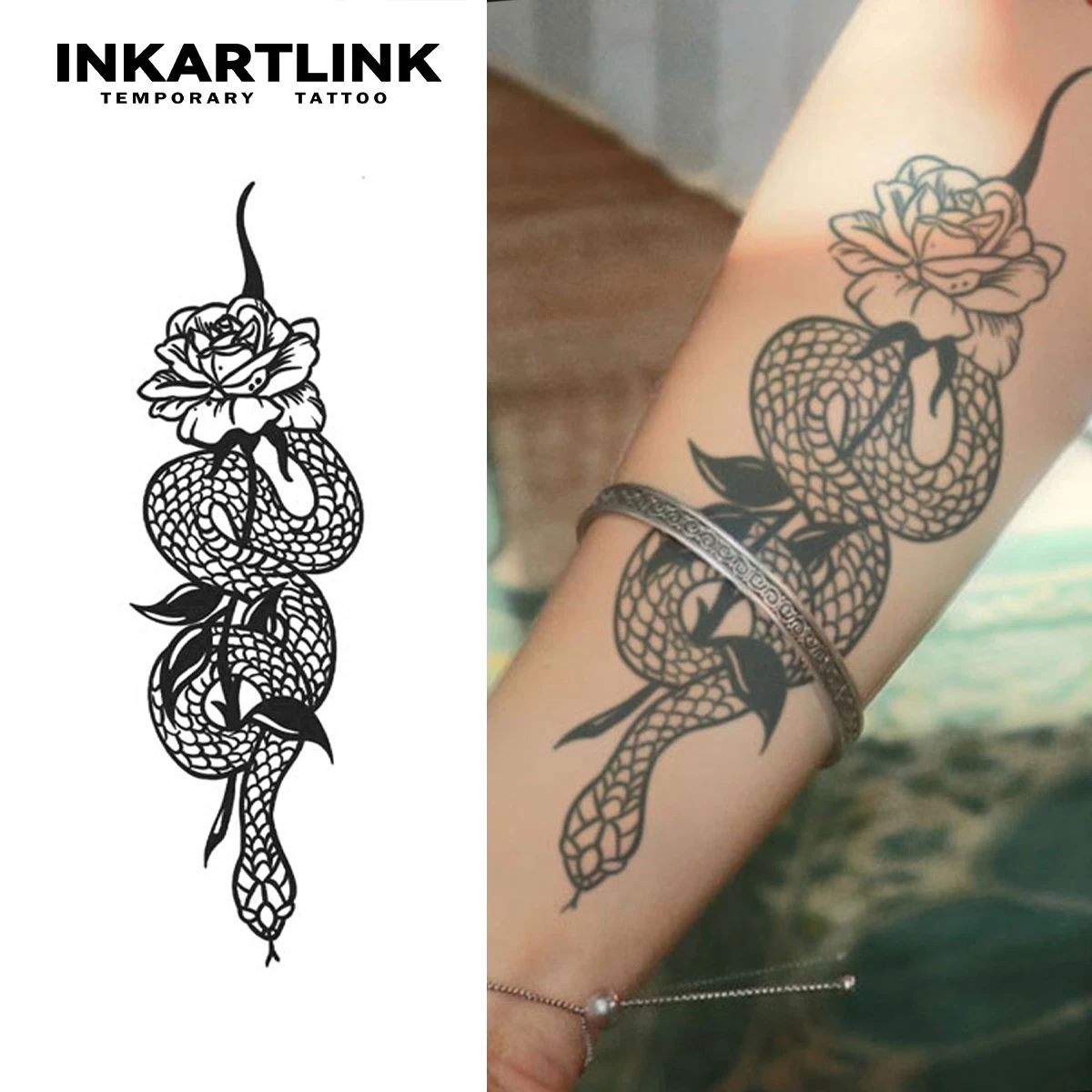 Snake and Rose Temporary Tattoo,Lasts To 15 Days New Technology Magic Waterproof Semi Permanent Sticker.