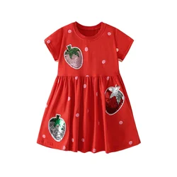 Jumping Meters 2-7T Summer Girls Dresses Dots Strawberry Beading Short Sleeve Kids Frocks Children's Frocks Baby Clothes