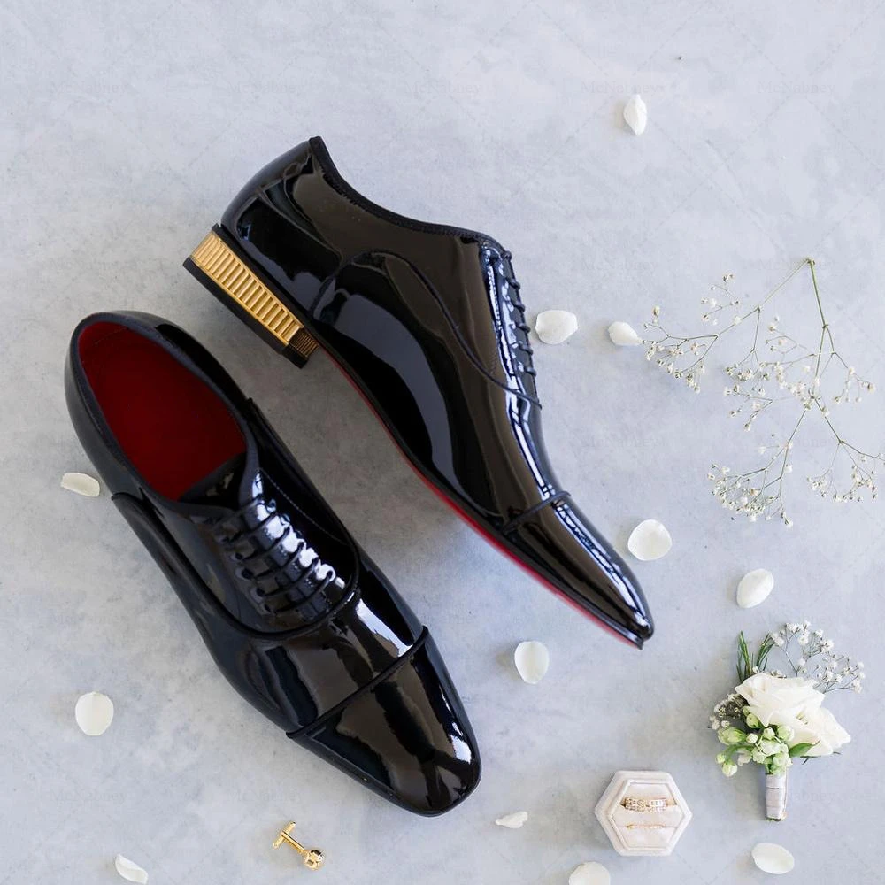 Black Patent Leather Oxford Shoes Flat Gold Heel Lace up Round Toe Elegant Men Wedding Office Dress Shoes Dailywear Plus Size