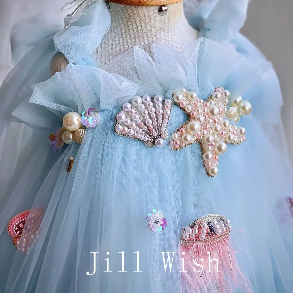 Jill wish-子供用パール付きミニビーズドレス,プリンセスドレス,ラグジュアリー,ブルー,ベビーフラワー,女の子,誕生日,結婚式,聖体拝領,j038