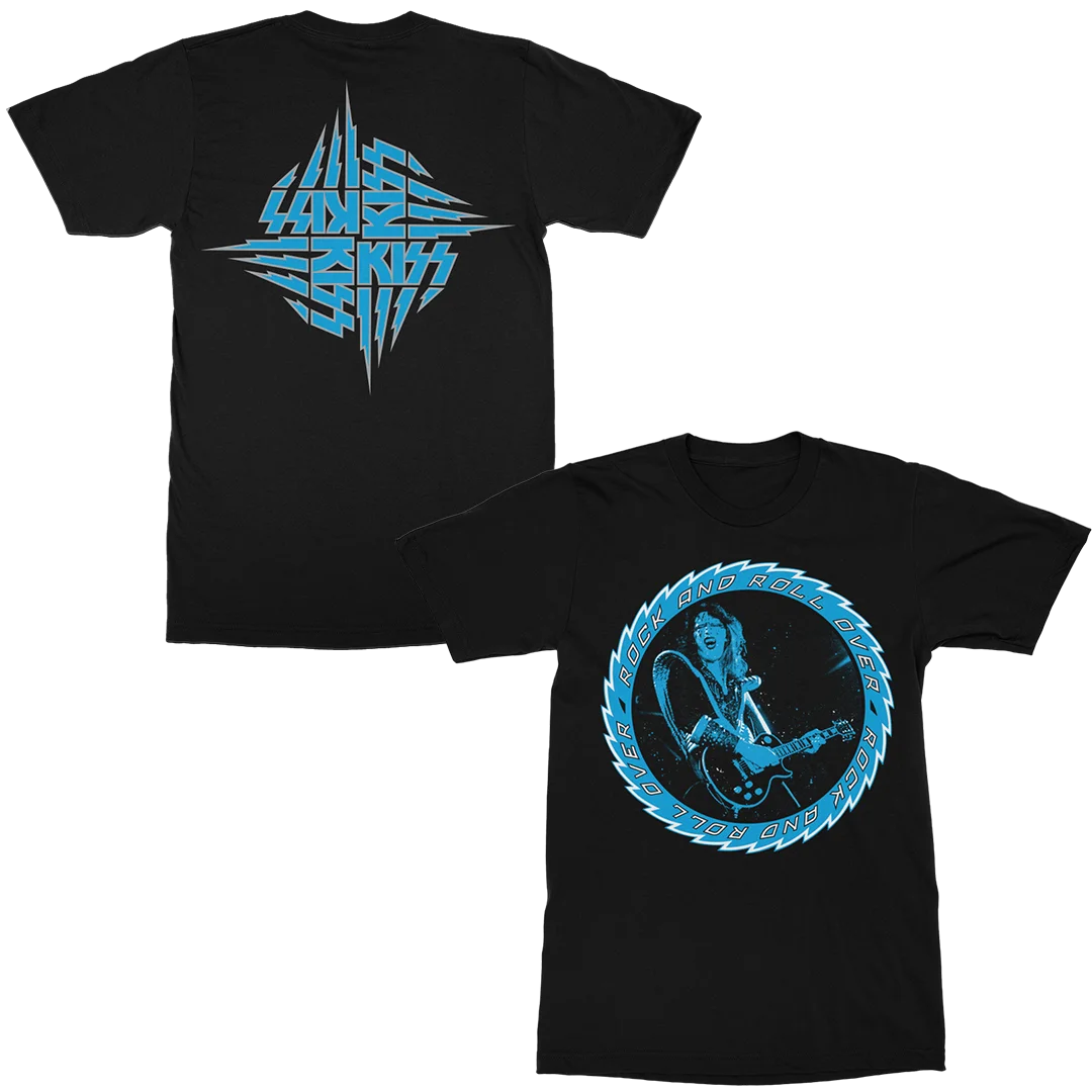 

Официальная двусторонняя футболка KISS Rock and Roll Over — синий графический принт с логотипом гитары и группы, товары Hard Rock