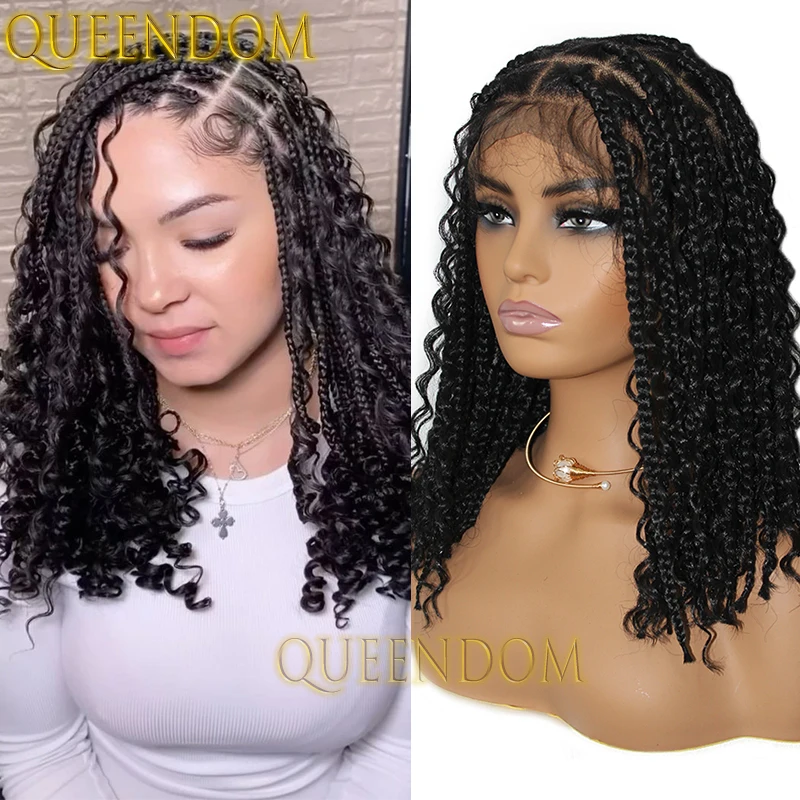 Wig kepang Bohemia sintetis 12 inci Wig Dreadlock kotak Bob pendek Wig kepang penuh renda UNTUK WANITA tanpa simpul Wig kepang Crochet Cornrow