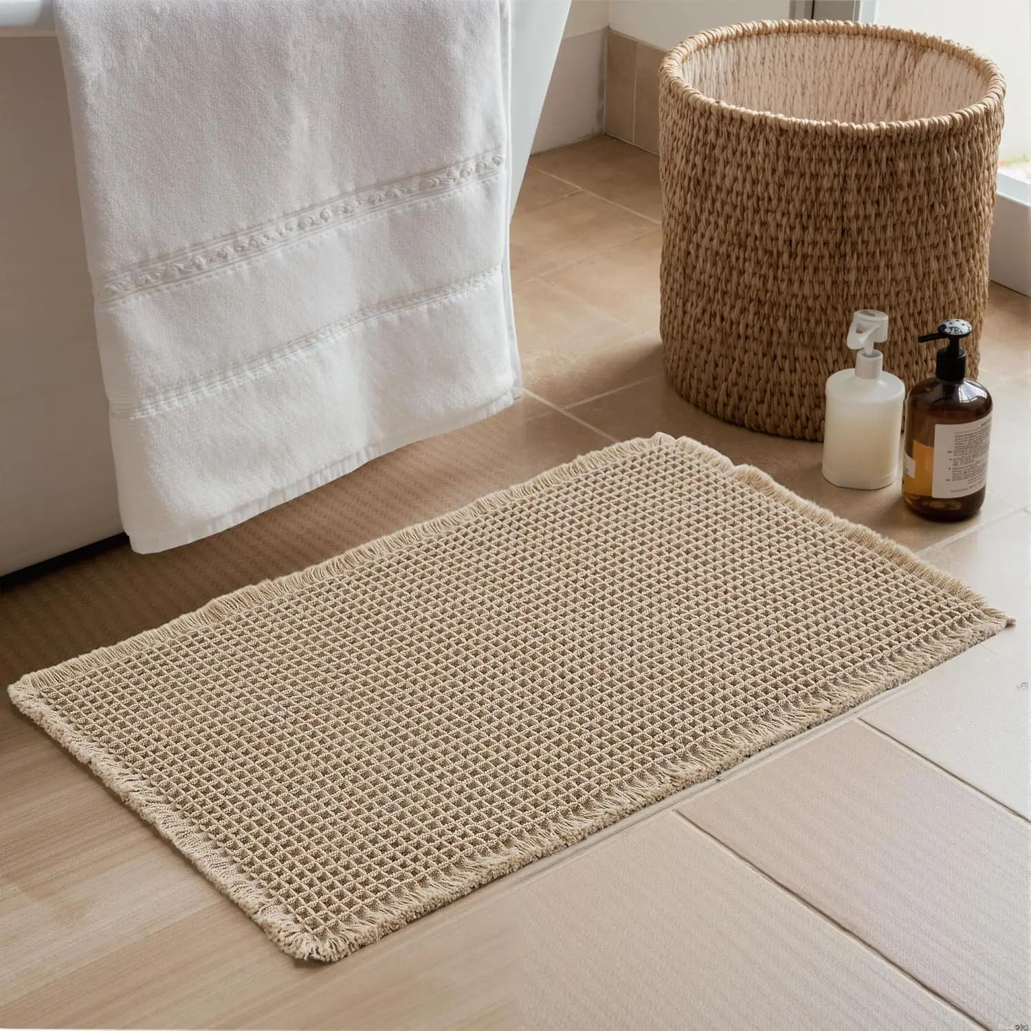 

Non Slip Waffle Brown Bathroom Rugs, Super Absorbent Quick Dry Soft Washable Small Bath Mat with Tassels for Bathroom F