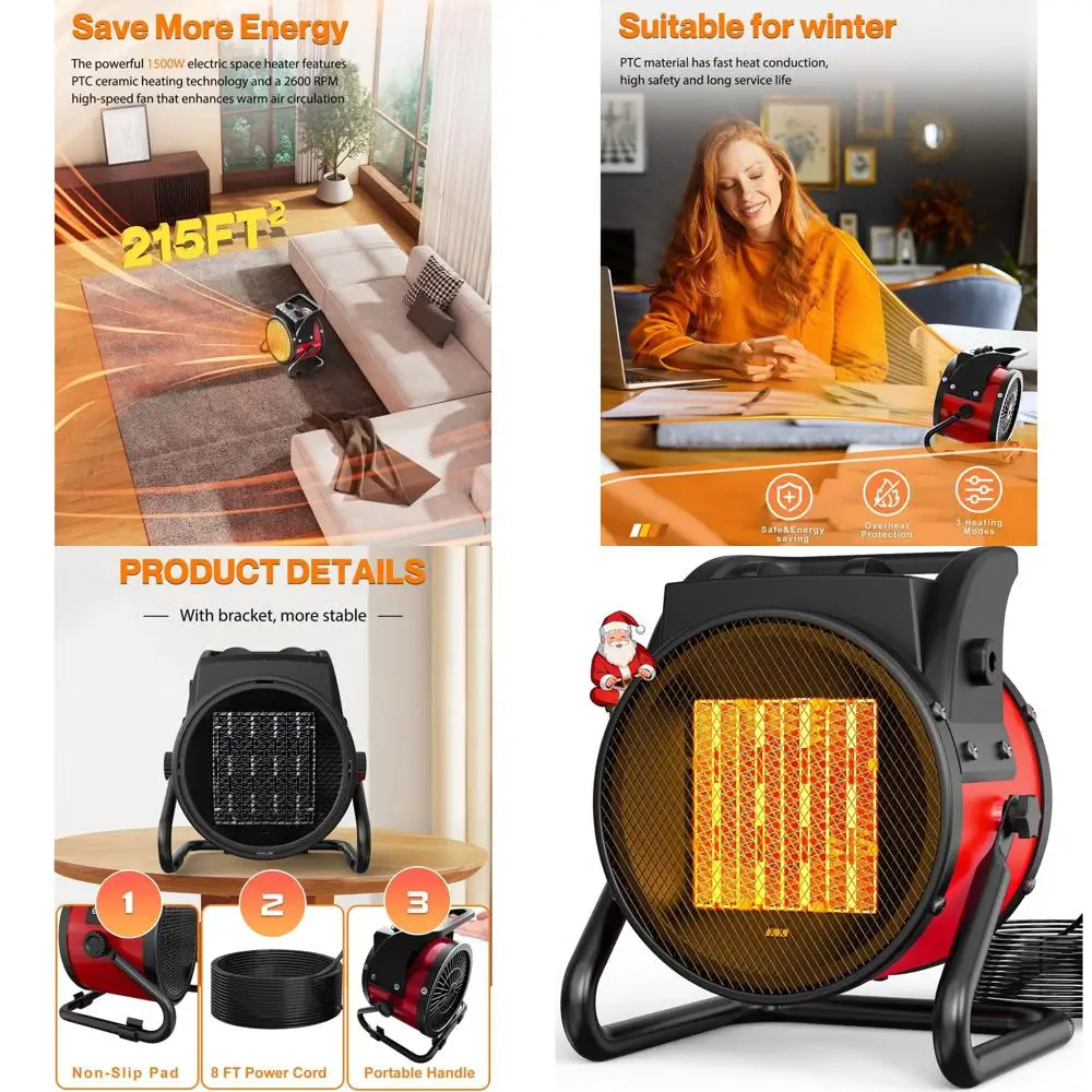 

1500W PTC 3-Mode Outdoor Patio Heater, Fast Heating for Decks, Greenhouses, and Garages with Overheat Protection