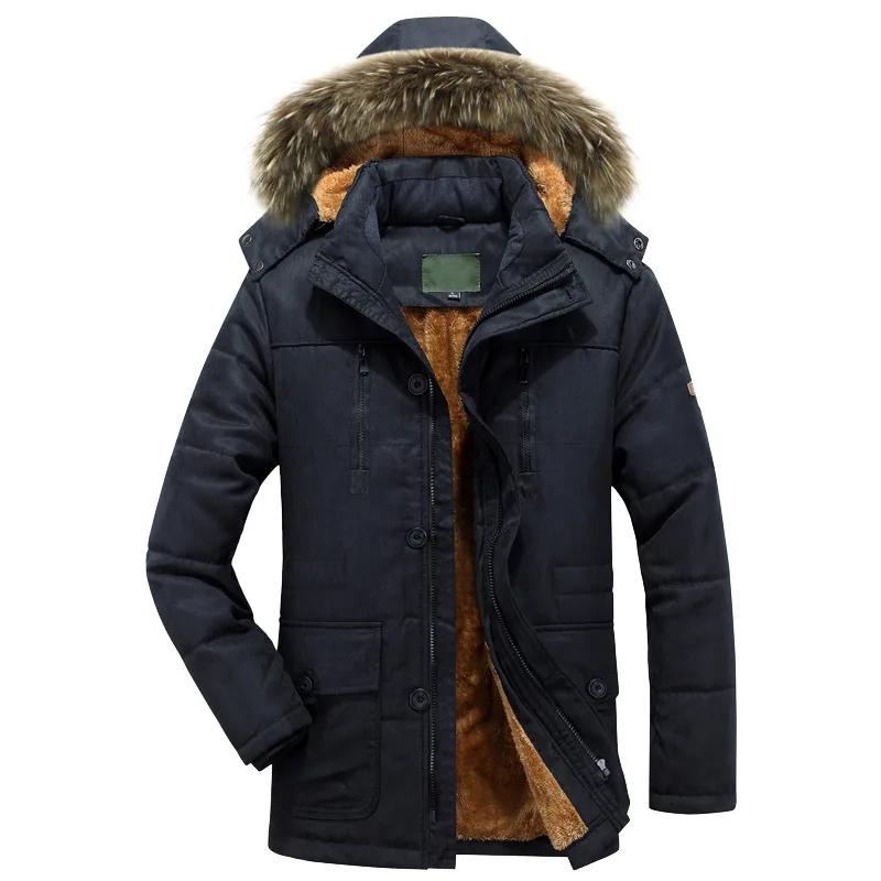 KIDCRKJ Vintage Fleece Cold-proof Man Winter Parkas Coat Thick Zipper Male Hooded Jacket Long Sleeve Pocket Casual Men Outerwear