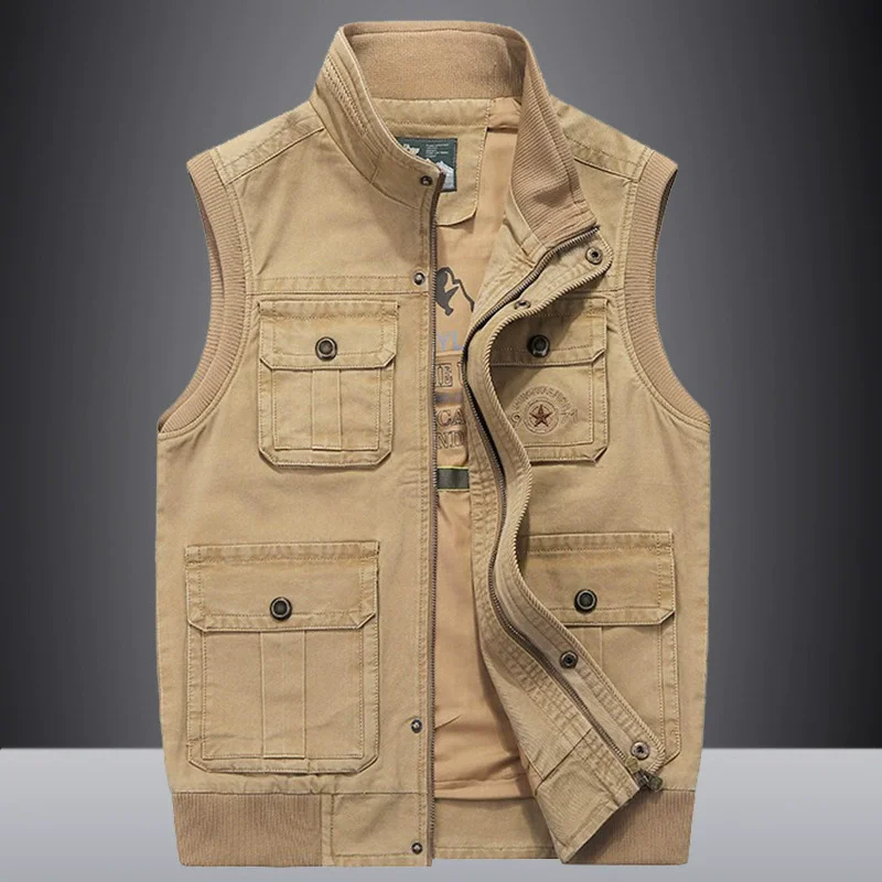 

Мужской весенний жилет без рукавов с воротником-стойкой, военный жилет, мужской осенний однотонный жилет-карго на открытом воздухе, повседневный мужской жилет больших размеров 8X