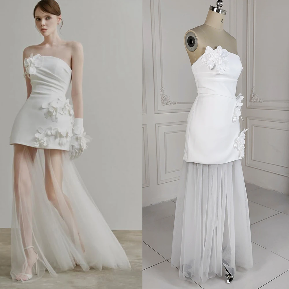 Simple Handmade 3D Flowers Strapless Wedding Dress Sheath Detachable See Through Skirt Full Length Simple Mini Bridal Gown