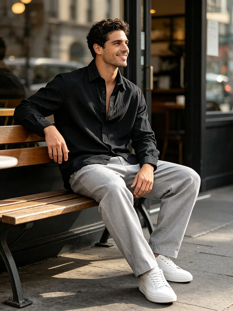 Herren-Leinenhemd für Frühling und Herbst, lässiges Langarmhemd mit Knöpfen, lockerer Schnitt, strukturierte Oberseite, leichtes Resort-Outfit für Herren – Detail 13