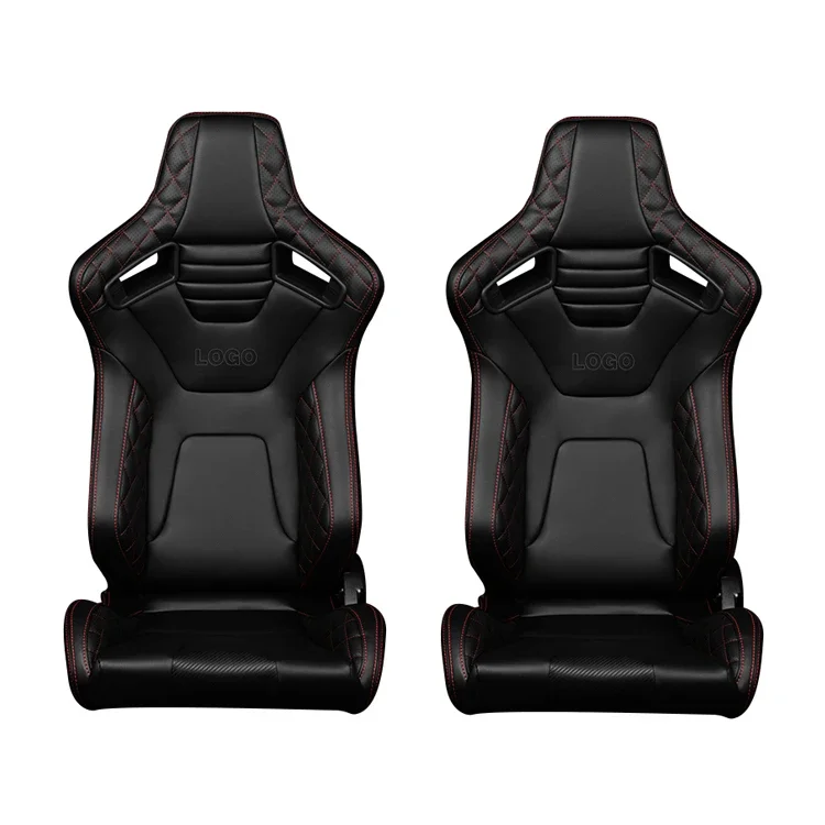 Universal Racing Seats Pair with Dual Sliders black PU Leather red Stripe Reclinable Left Right