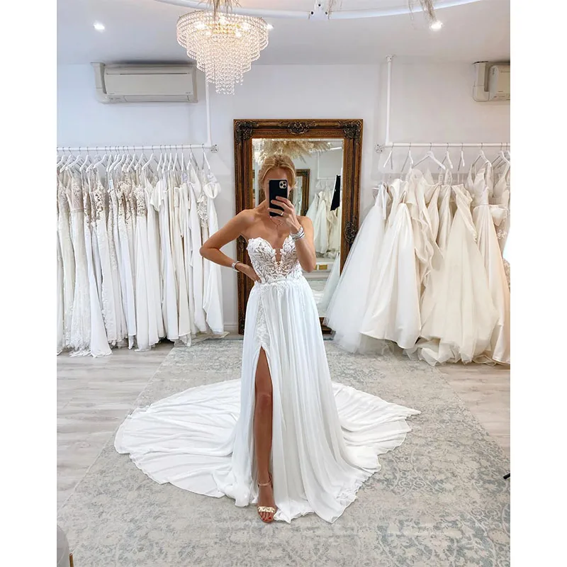 Boho Chiffon A Line Wedding Dresses Sexy Sweetheart Backless Button Back Wedding Dress Sweep Train Slit Designer Bridal Gowns